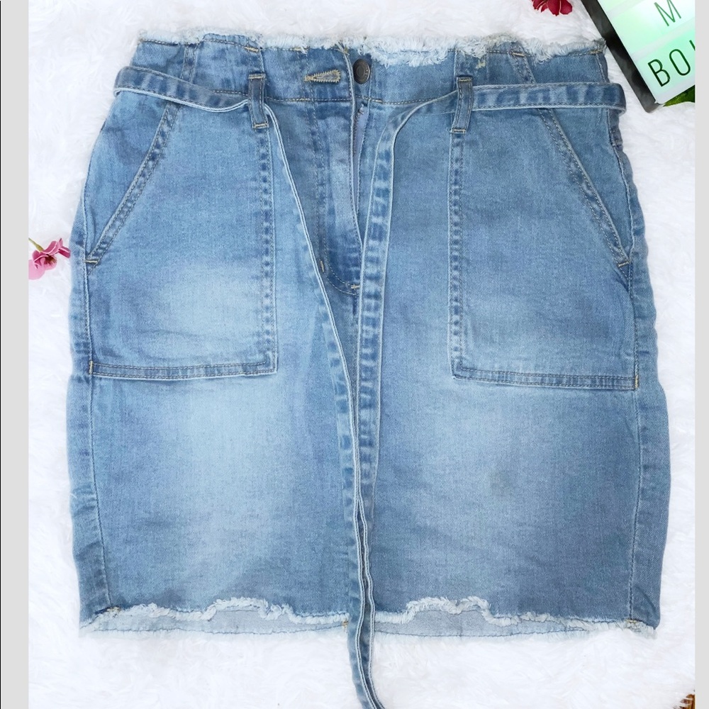 Light blue Denim Frayed Hem Paperbag Mini Skirt